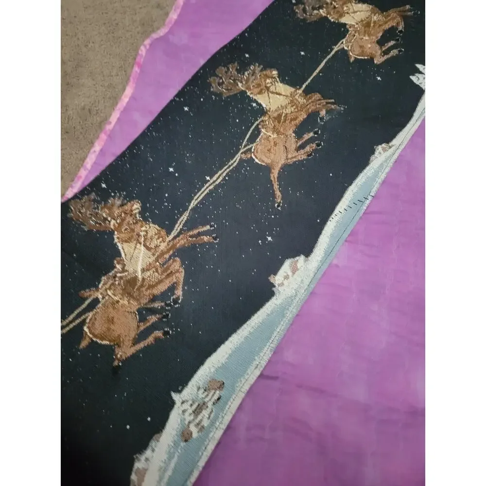 VTG Christmas Tapestry Tablerunner Flying Santa Claus Reindeer Ex Long 11.5x69